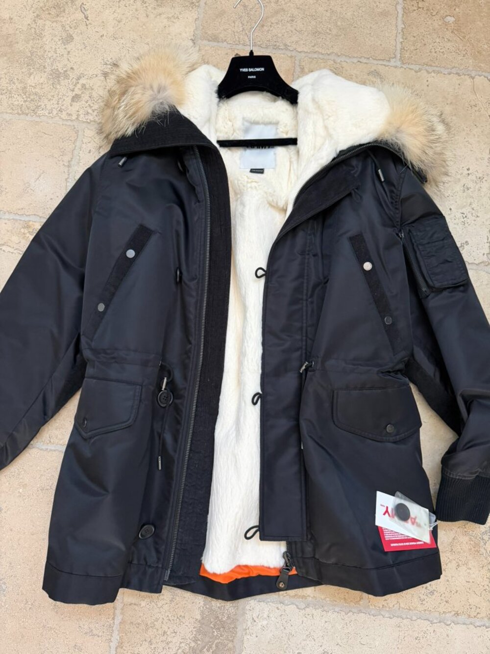 NWT - Yves Salomon Men Coyote Fur Military Parka - Black